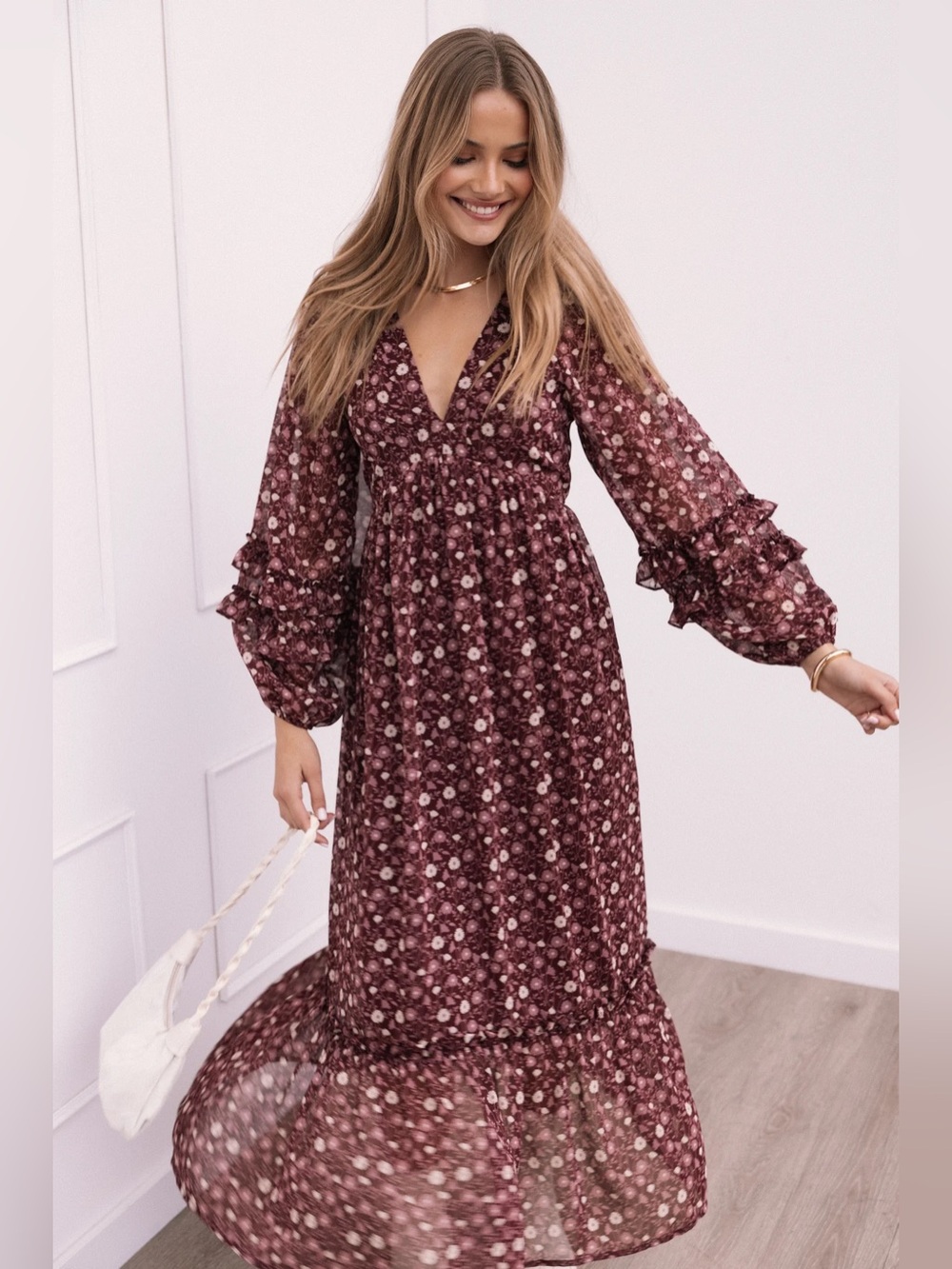 Petal & Pup Evian Long Sleeve Maxi Dress - Burgundy